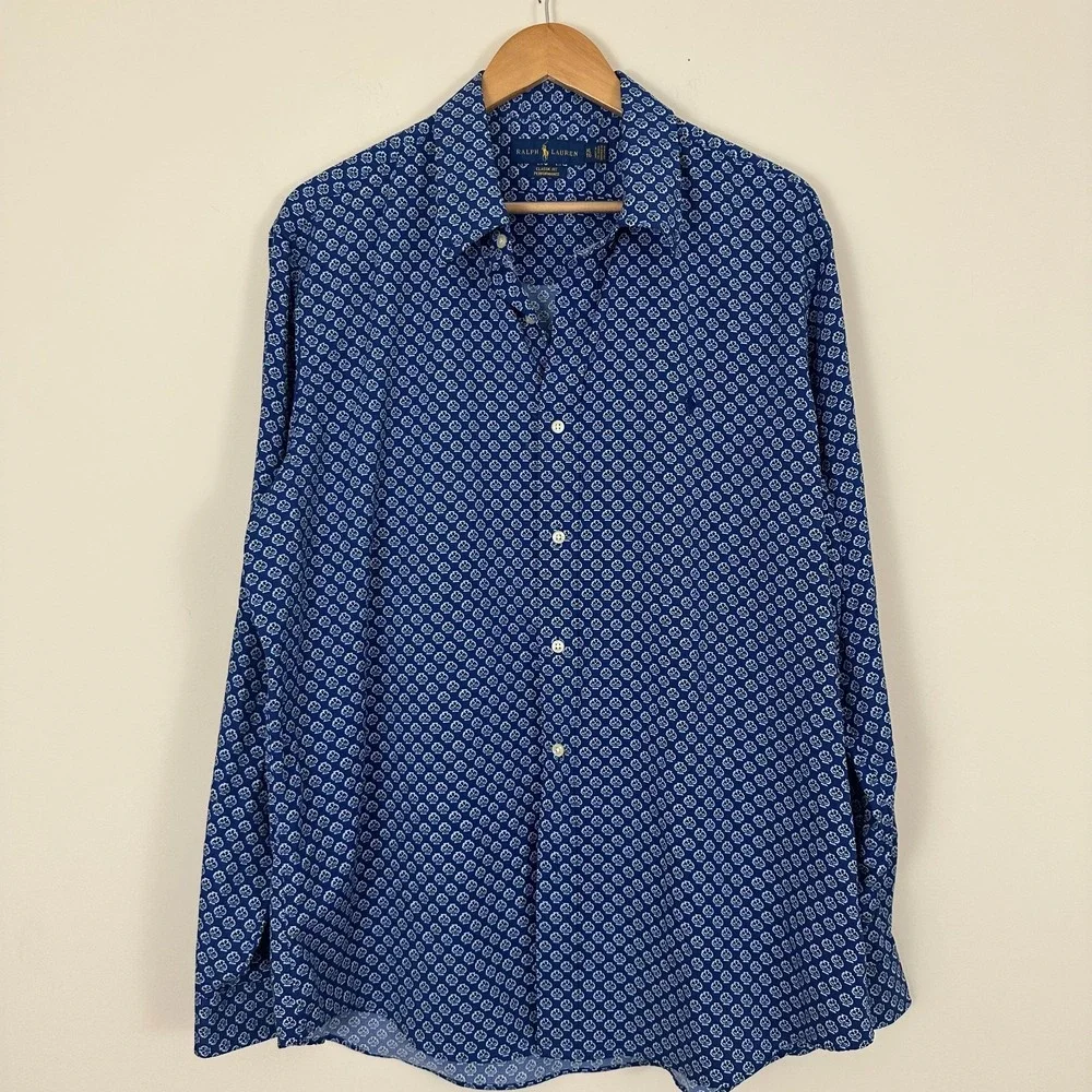 Ralph Lauren Classic Fit Performance Shirt Blue Geometric Button Down Mens XL